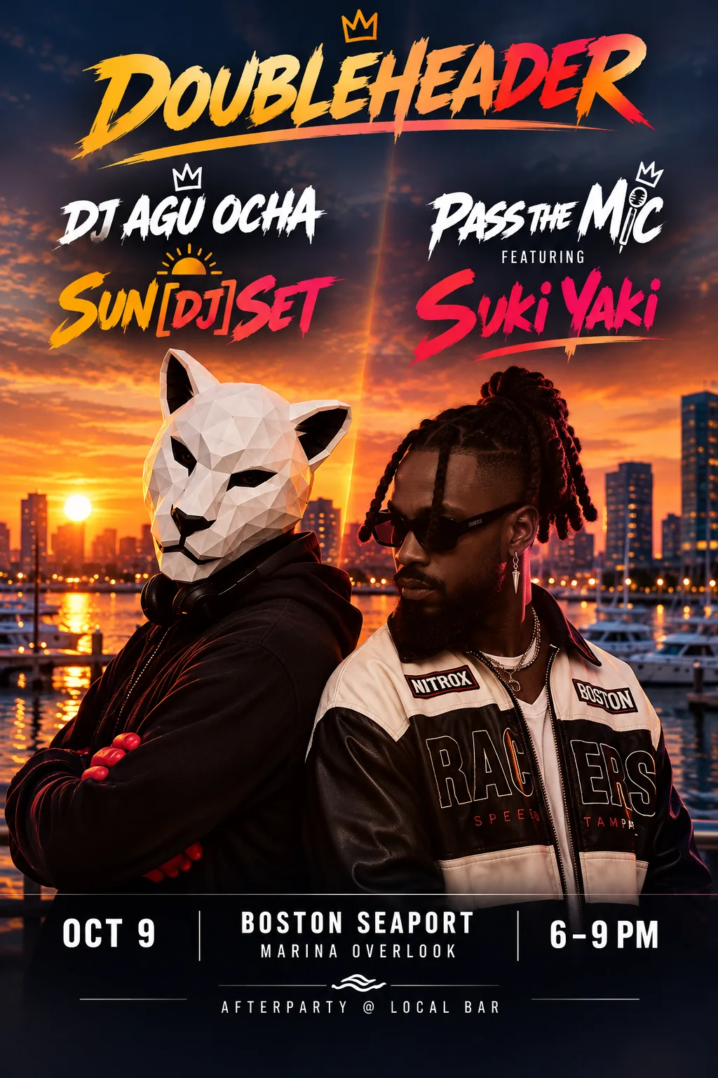 Boston Seaport doubleheader poster: DJ Agu Ocha Sun(DJ)Set and Pass the Mic featuring Suki Yaki, October 9, 6–9 PM.